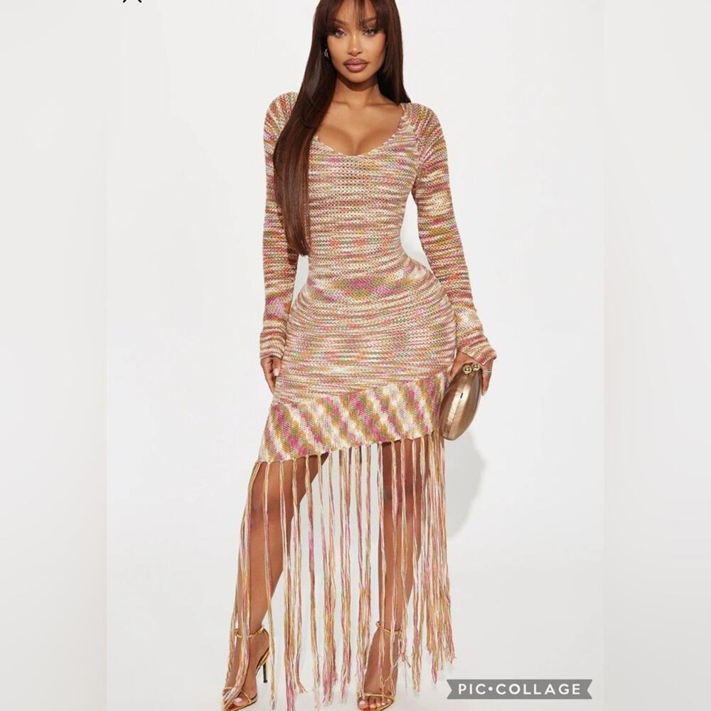 Fashion Nova Multicolor Long Sleeve Fringe Knit Dress
